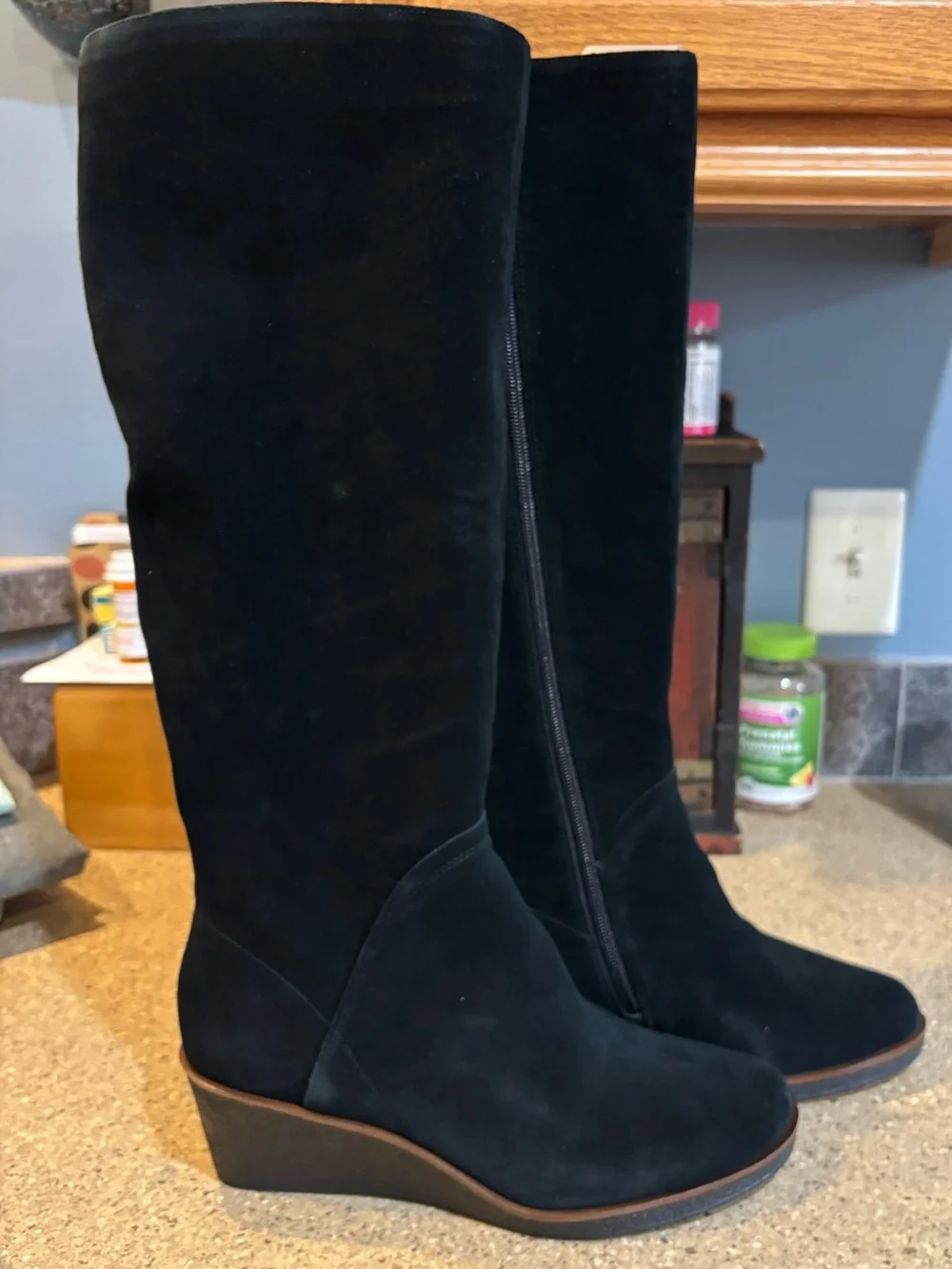 AEROSOLES Black Suede Knee Wedge Boots